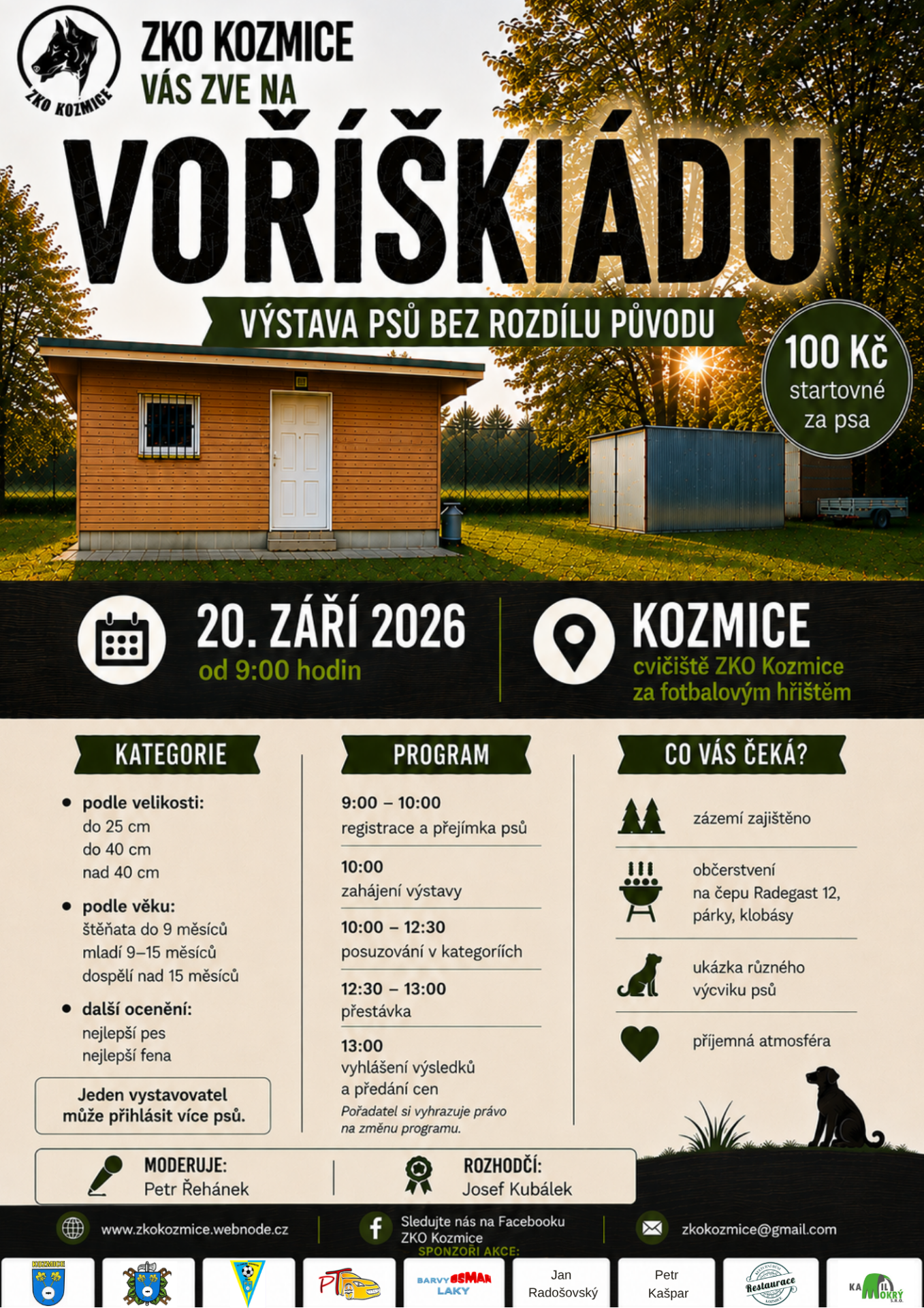 Propagační plakát výstavy psů ZKO Kozmice s datem 20. září 2026, cenou 100 Kč a programem.